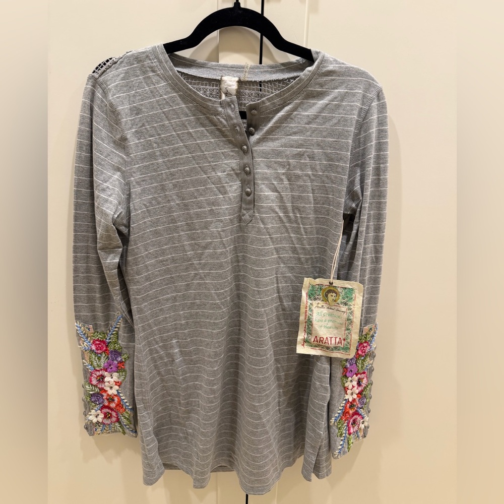 Aratta Gray Striped Long-Sleeve Henley with Floral Sleeve Embroidery